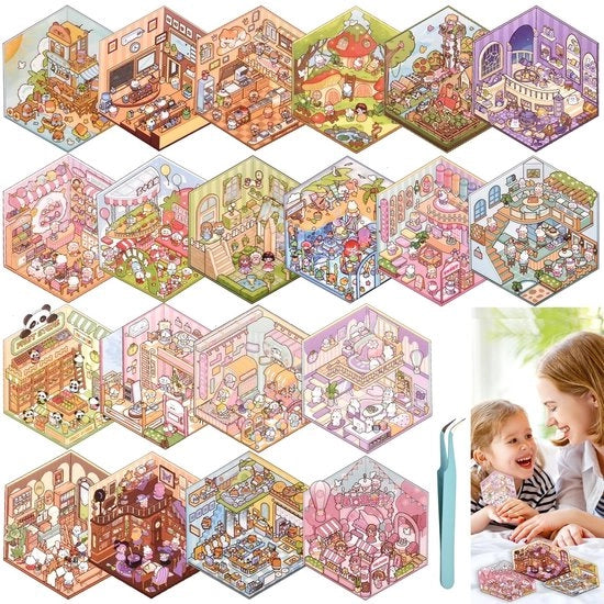 Libreria di Sticker 50 Fogli - Sticker Miniatutisti - Sticker 3D Riciclabili - Progetti Fai da Te - Applicatore di Sticker Incluso - Materiale PET