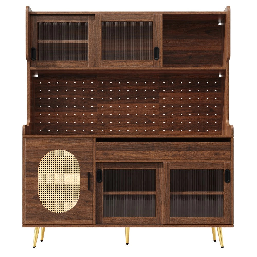 Credenza con LED ¨C Xylo ¨C Legno Marrone/Nero, 5 Ante Vetro, 145x39x171