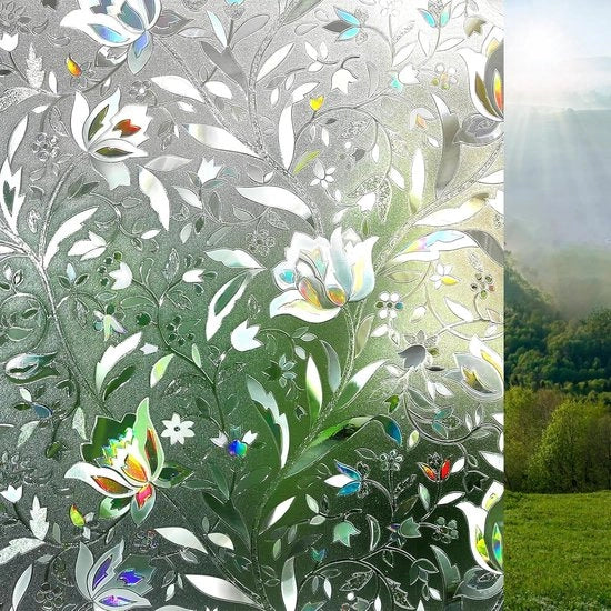 Folie per privacía 3D arcobaleno - Foliatura per vetri non trasparenti - Autoadesiva - Adesiva statica - Foliatura anti-UV per protezione solare - Foliatura per ufficio e camera da letto con fiori e tulipani