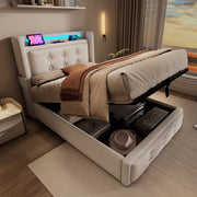 Letto Imbottito Singolo 90x200 con Testiera LED e USB ¨C MINIMAL ¨C Beige, Contenitore Idraulico, Doghe in Legno