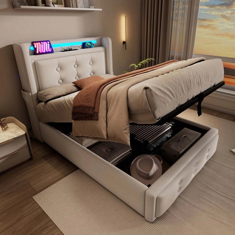 Letto Imbottito Singolo 90x200 con Testiera LED e USB ¨C MINIMAL ¨C Beige, Contenitore Idraulico, Doghe in Legno