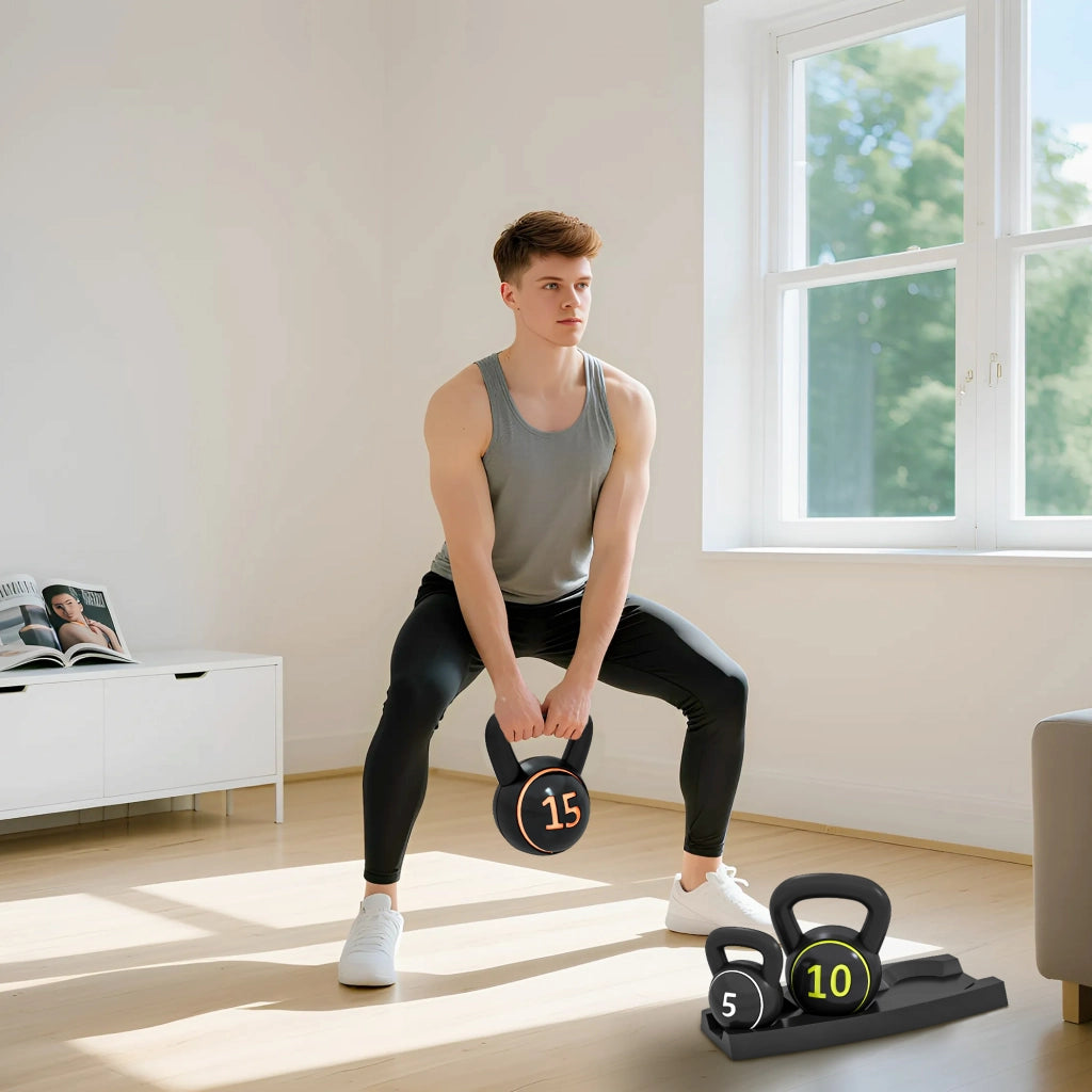 Set di 3 Kettlebell ¨C zephmum ¨C 2.2, 4.5, 6.8 kg, Antiscivolo, con Piastra Porta Kettlebell, Nero