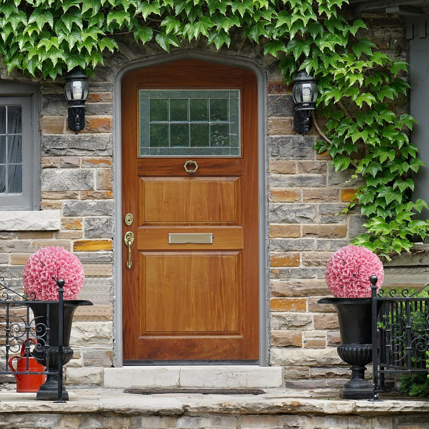 Set di 2 Piante Finte Sfera di Bosso 28 cm per Vaso, Palla di Topiarie Sintetica in PE da Giardino, Piante Artificiali Decorative Arredamento da Interno ed Esterno (Rosa)