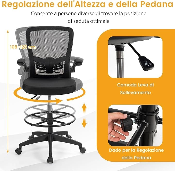 Sedia da Ufficio con Schienale, Sedia Scrivania Girevole, con Braccioli a Ribalta, Poltrona da Ufficio con Altezza Regolabile, Struttura in Metallo, per Scrivania Casa Ufficio, Portata 120 kg