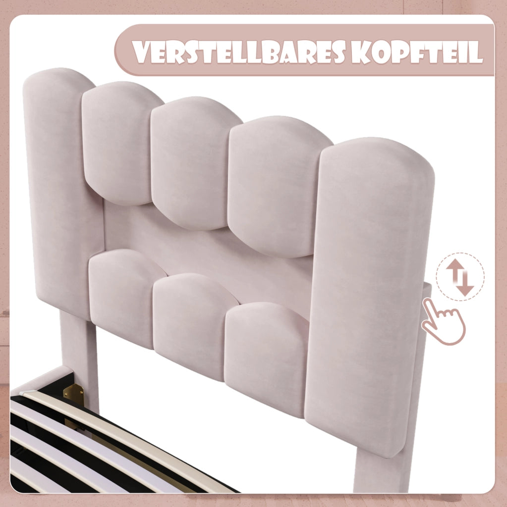 Letto imbottito ULEVR 90x200 cm con contenitore idraulico, LED multicolore e testiera regolabile, velluto rosa