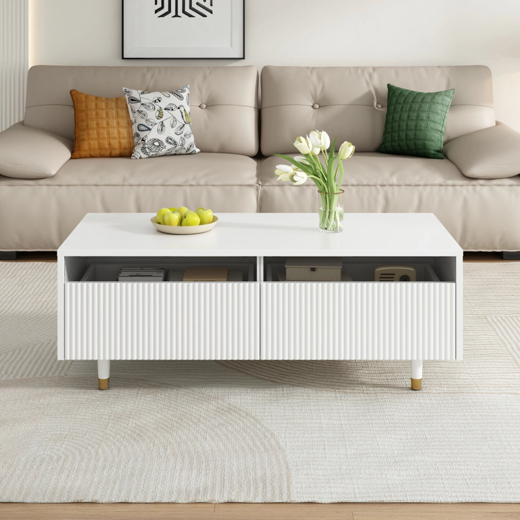 Tavolino da caffè con 2 Cassetti e LED 7 Colori; Frontale Ondulato; Gambe Legno Massello Oro-Bianco; MDF; Bianco