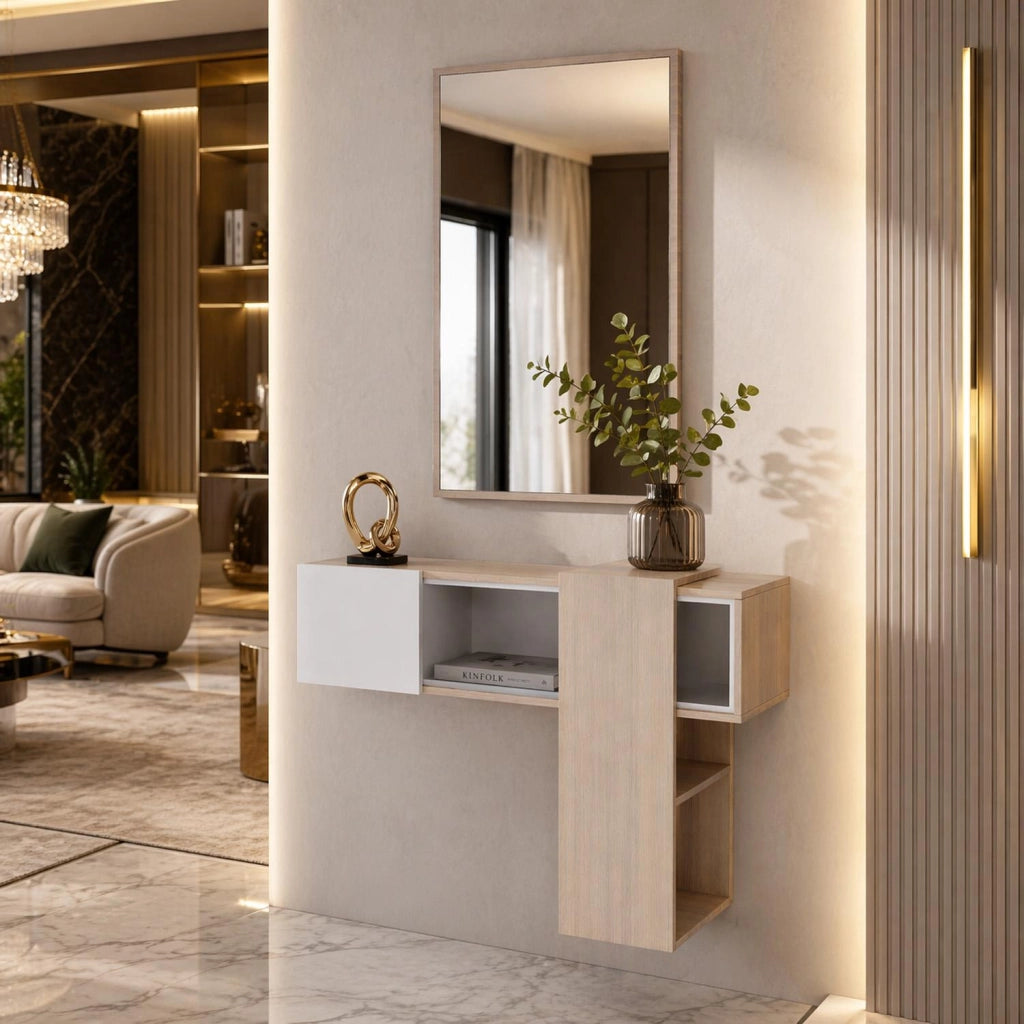 Mobile Da Ingresso Con Mensola Sospesa Specchio E Ripiani Scorrevoli Mobiletto Arredo Per Sala 100 X 31.5 X 75 Cm Bianco E Rovere