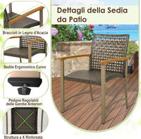 Set di 4 Sedie da Giardino in Rattan, Sedie da Pranzoper Patio con Braccioli in Legno di Acacia, Telaio in Metallo, Poltrone Giardino per Balcone, Portico, Piscina, Portata 180 kg