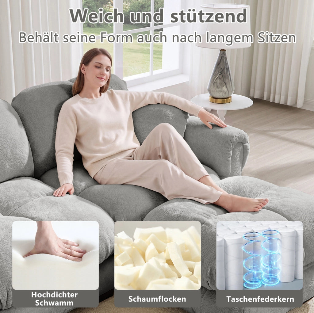 Divano angolare modulare 2 posti in chenille grigio chiaro con pouf mobile e cuscini spessi 190x149x90 cm