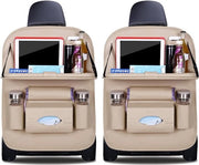Organizzatore auto, protezione schienale, coprimozzi in pelle PU con tavolino pieghevole, sacchetto impermeabile per schienale per bambini (beige, 2 pezzi)