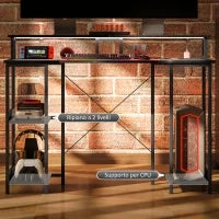 Scrivania per PC Reversibile con Prese Elettriche, Luci, Supporto Monitor e Scaffale, 120x50cm, Nero