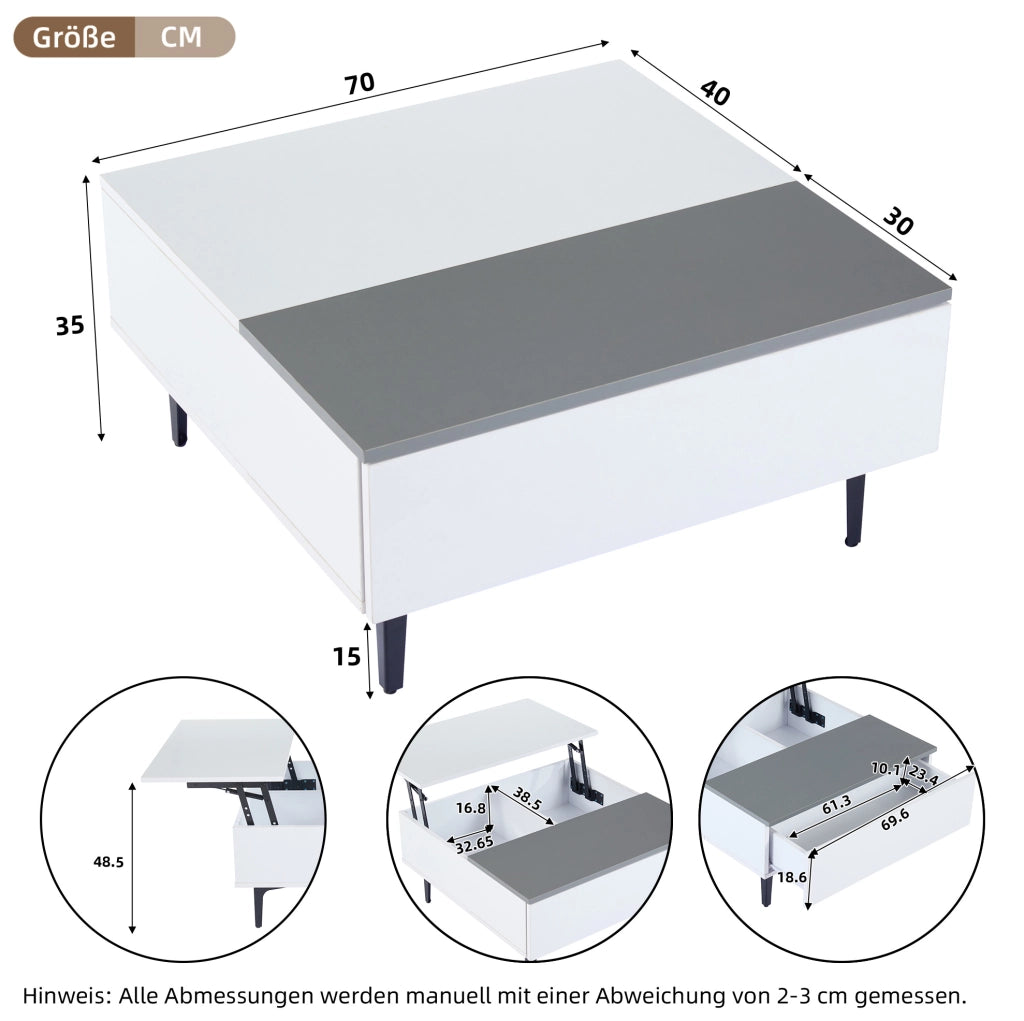 Tavolino da caffè sollevabile 70x70x35 cm con LED; ripiani interni e cassetto; bianco e grigio