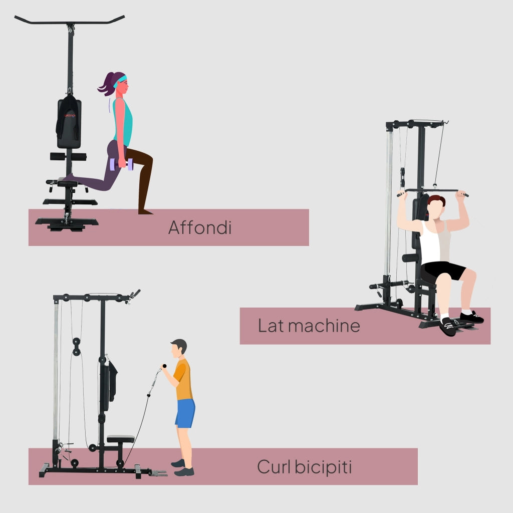 Stazione Fitness Multifunzione con Lat Machine 140x108x197 cm in Acciaio e PU Nero