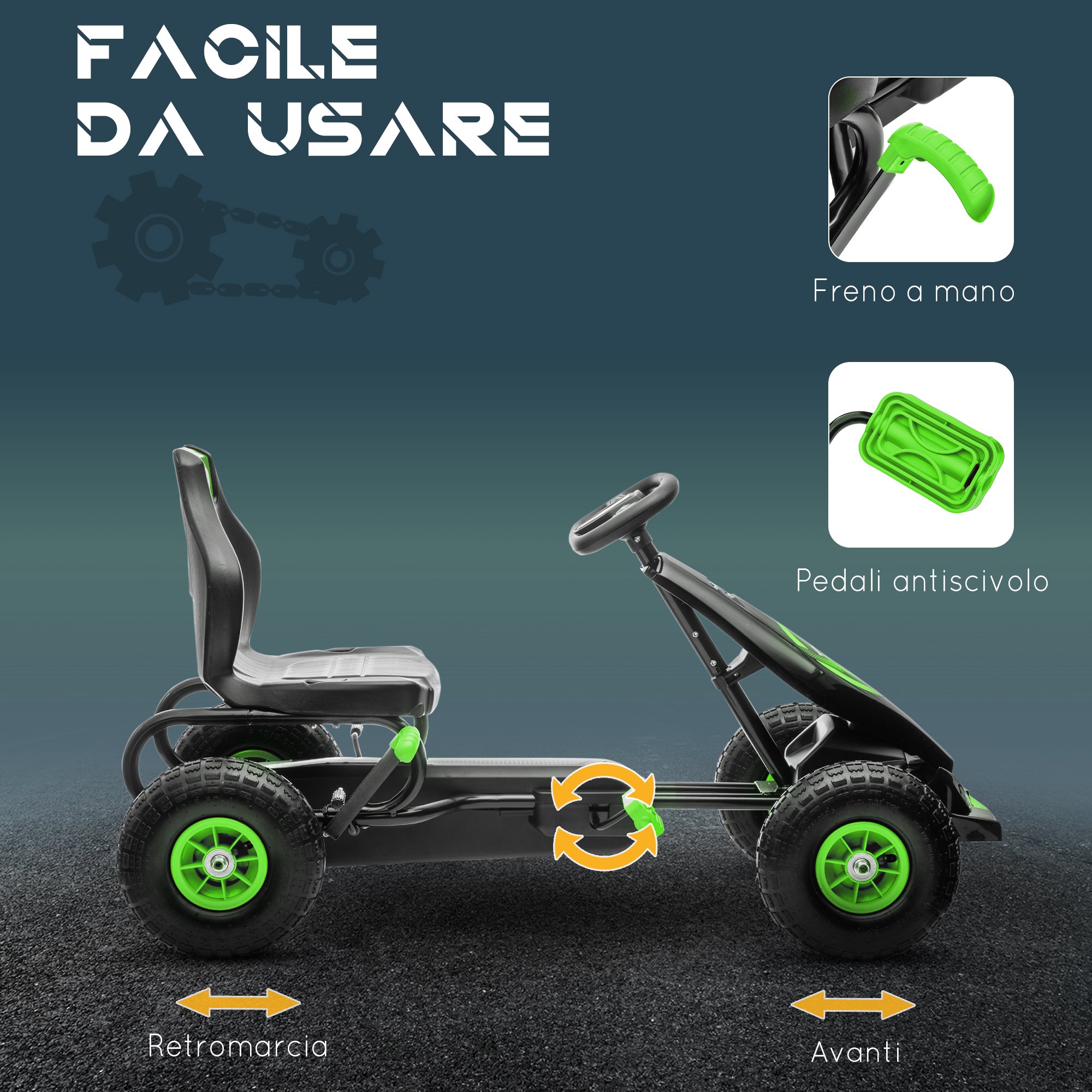 Go Kart a Pedali per Bambini 5-12 Anni 121x58x61 cm in Metallo e PP Verde e Nero