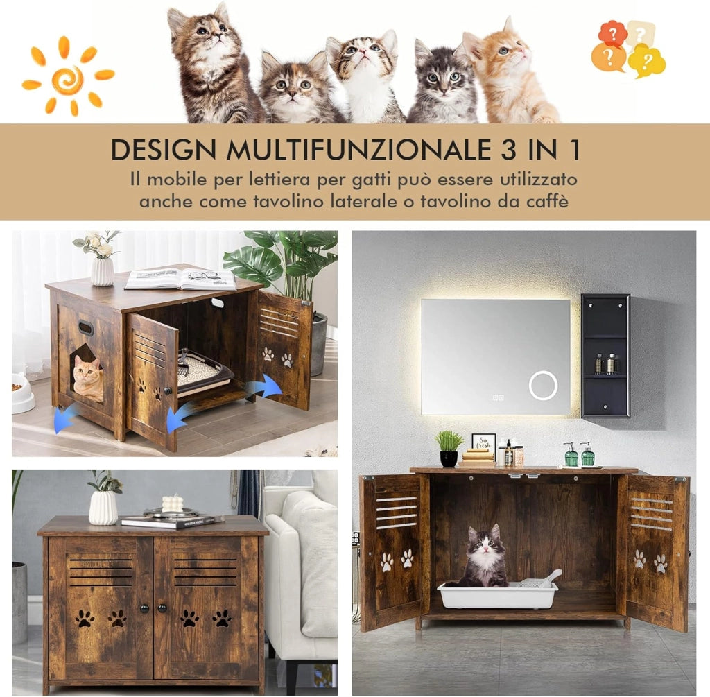 Mobile per Lettiera Gatti, con Doppie Porte a Feritoia, Ingresso Laterale, Cuccia e Toilette, Mobiletto Multiuso per Ingresso e Soggiorno, Portata 50 kg, 70 x 52 x 51 cm