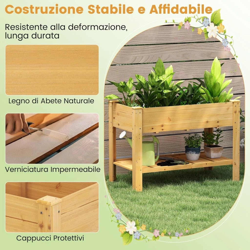Letto per Orto Rialzato da Esterno in Legno di Abete, Fioriera Rialzata con Fori di Drenaggio e Ripiano Inferiore, Letto per Piante Urbano da Giardino e Patio, 120 x 60 x 82 cm (Naturale)