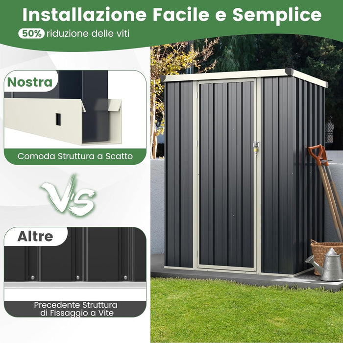 Casetta da Giardino 1 m², Capanno Attrezzi in Metallo Zincato con Porta Bloccabile e Tetto Inclinato, Struttura a Scatto Pratica, Armadio da Esterno con Kit di Viti di Espansione e Tappo