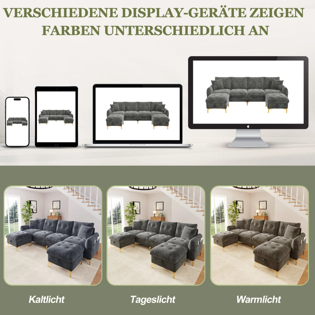Divano modulare in ciniglia con 2 pouf contenitore; 263×137×85 cm; grigio