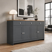 Credenza in MDF con 3 cassetti, 4 ante e ripiani regolabili, stile country, legno e grigio nero 160 × 37 × 75 cm