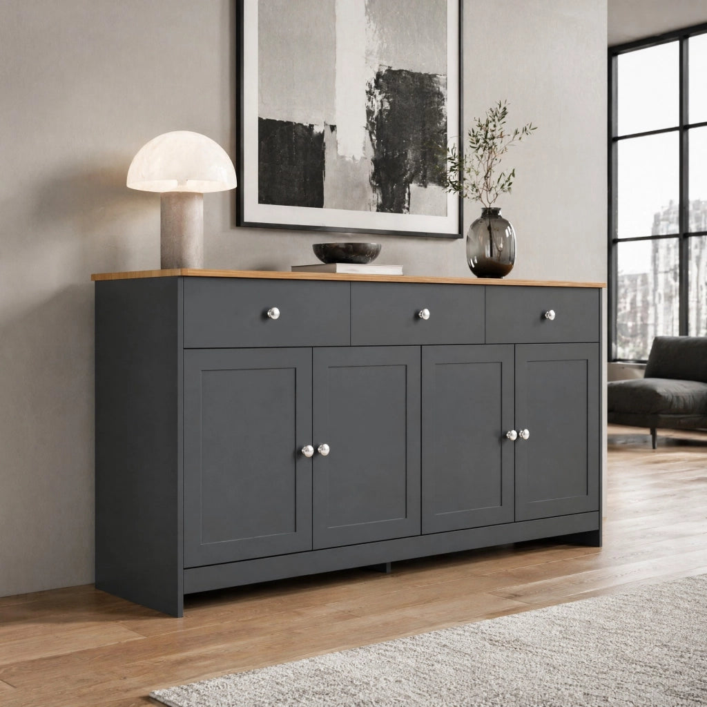 Credenza in MDF con 3 cassetti, 4 ante e ripiani regolabili, stile country, legno e grigio nero 160 × 37 × 75 cm