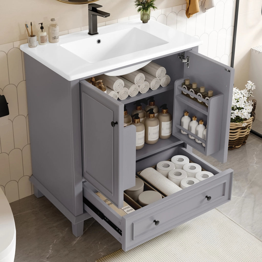 Armadietto da bagno con lavabo in ceramica, 2 ante e 1 cassetto, per bagno, in MDF e ceramica, grigio, 76 × 46 × 87 cm