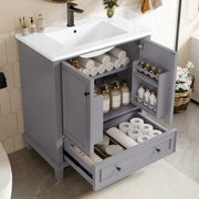 Armadietto da bagno con lavabo in ceramica, 2 ante e 1 cassetto, per bagno, in MDF e ceramica, grigio, 76 × 46 × 87 cm