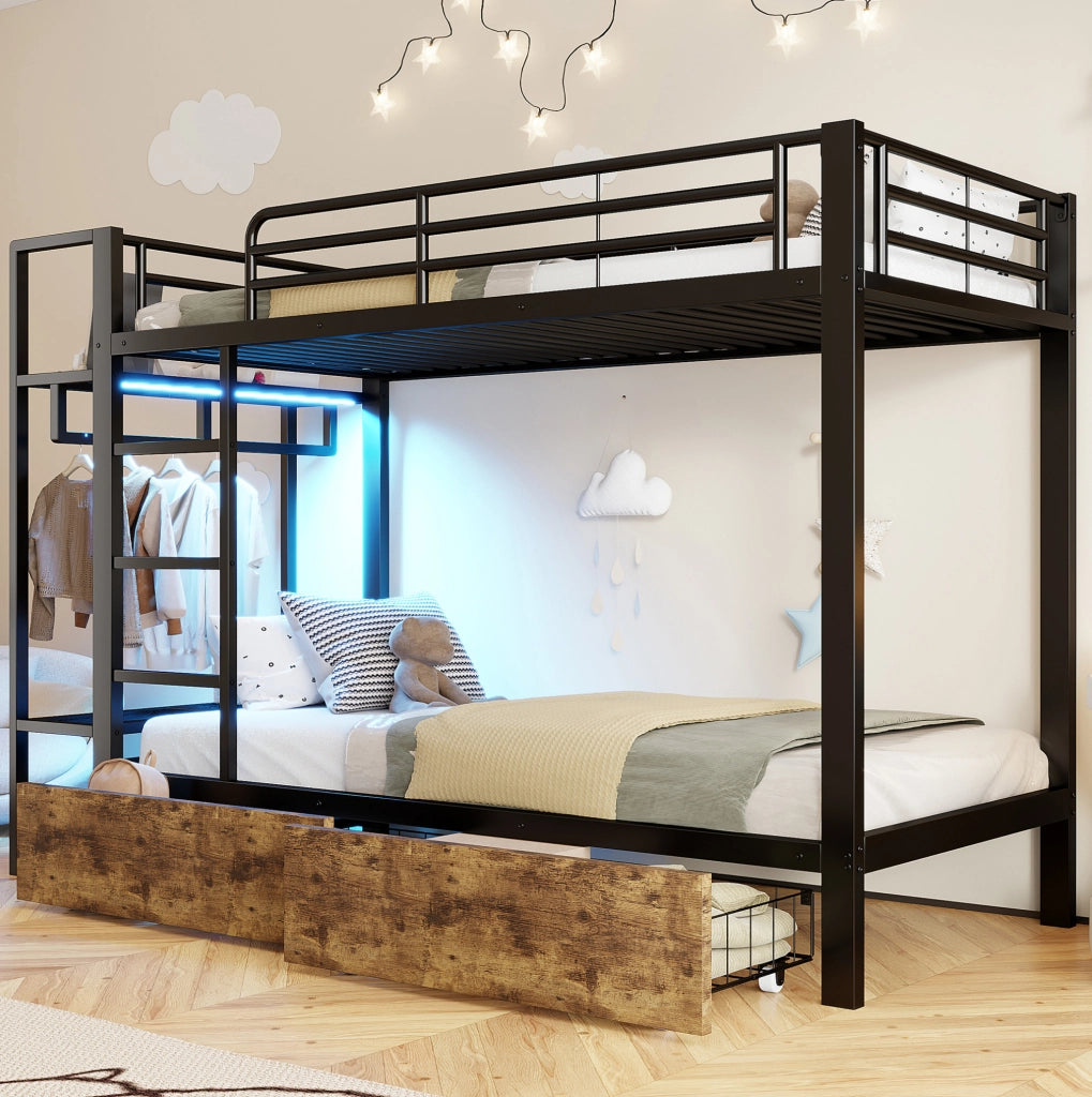 Letto a castello 90x200 cm in metallo e MDF con LED; 2 cassetti; ripiani e barra appendiabiti; nero