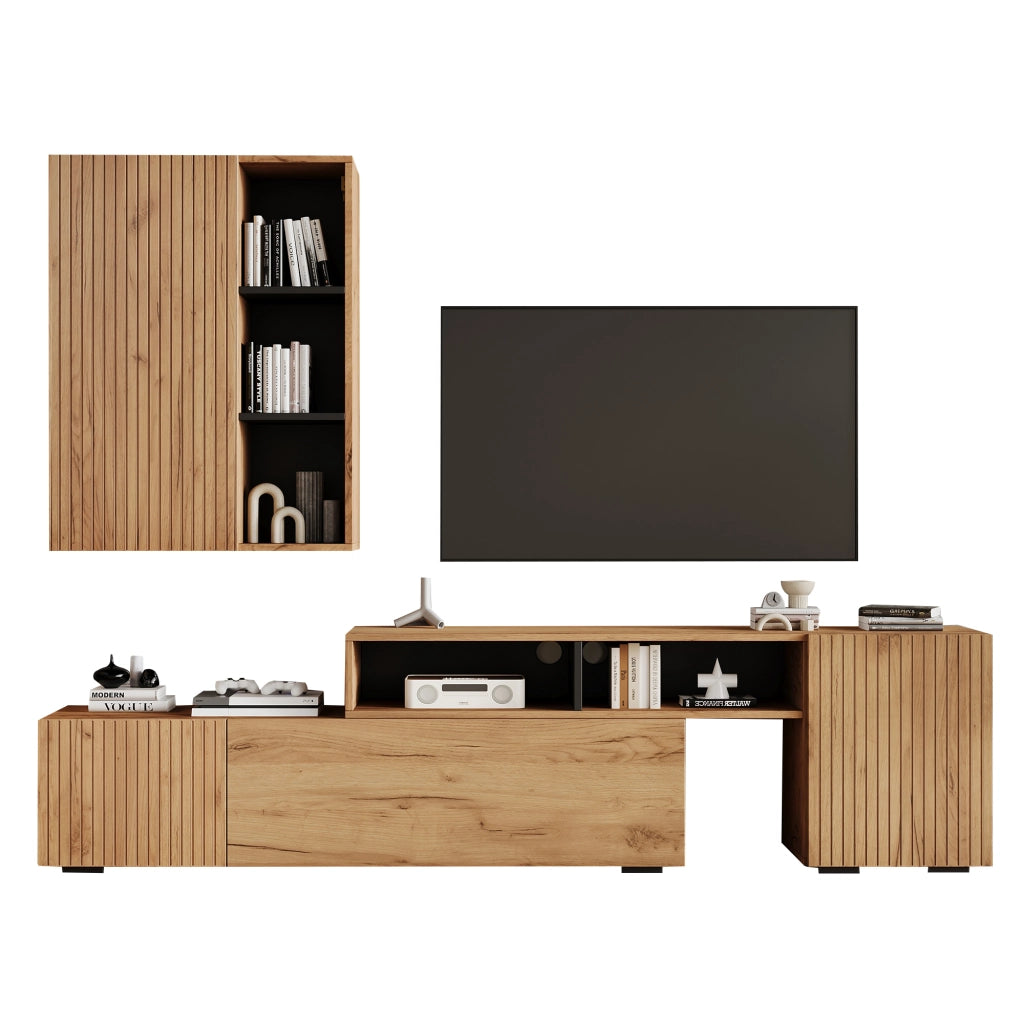 Set mobili TV con lunghezza regolabile in pannello truciolare naturale e nero
