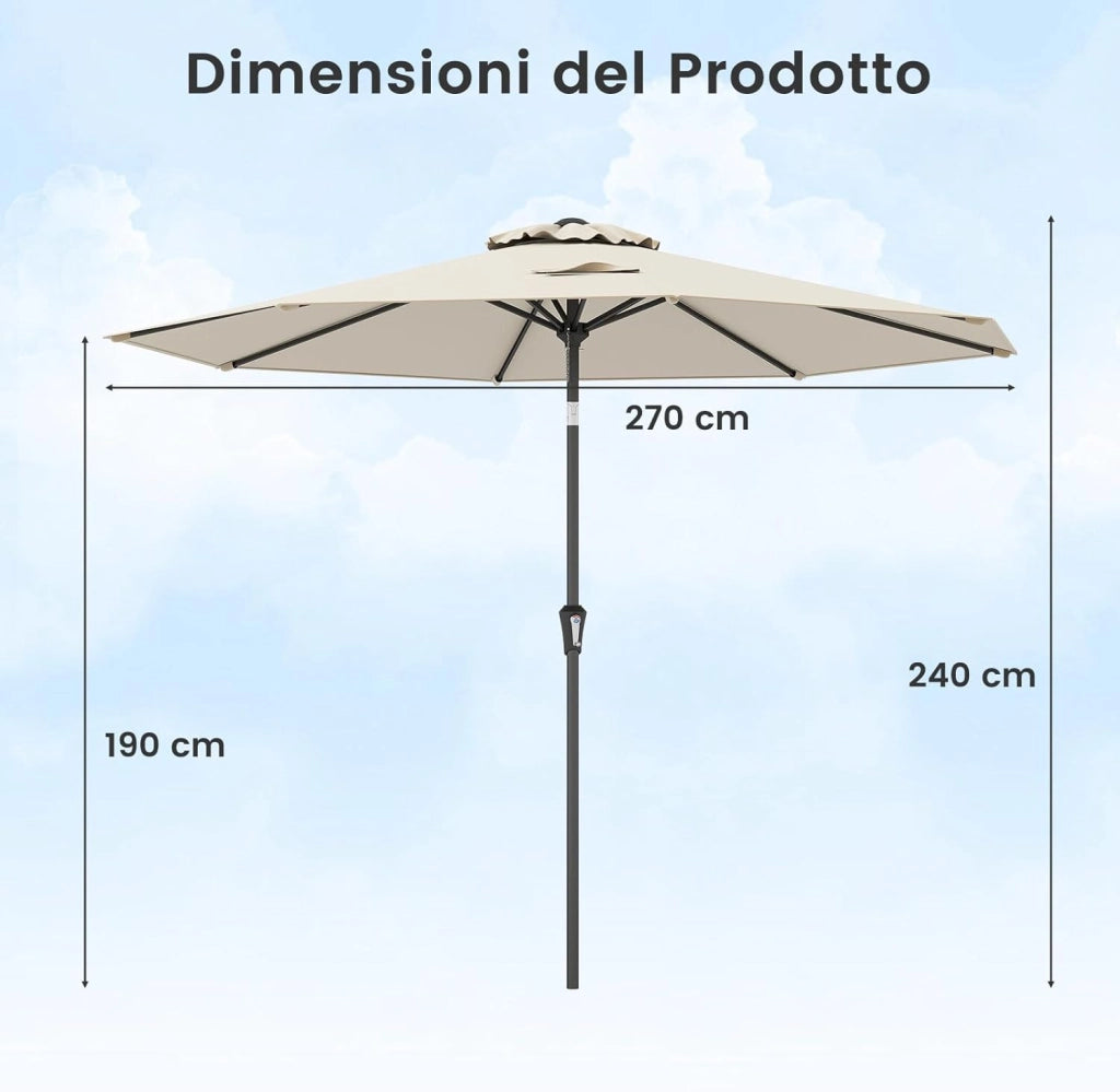 Ombrellone da Giardino 270 cm, Ombrellone da Esterno con Inclinazione Regolabile, Manovella, 8 Stecche, Tettuccio Ventilato, per Spiaggia, Bordo Piscina (Beige, 270 cm 8 Stecche)