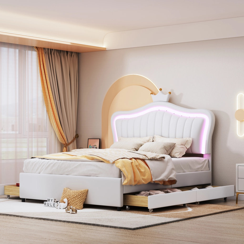 Letto imbottito 140x200 cm con cassetti contenitore; LED; PU bianco