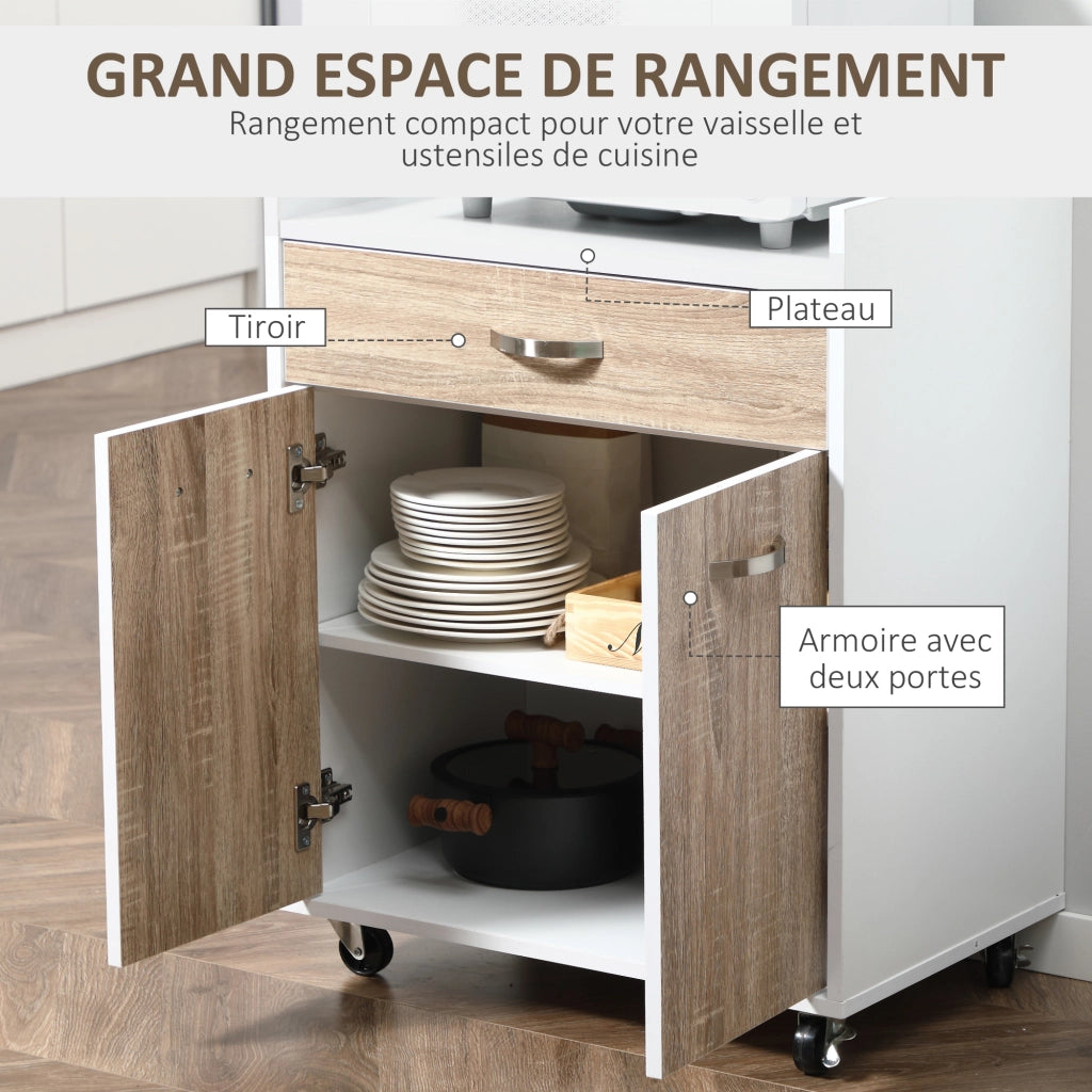 Carrello da cucina con ripiani e cassetti ¨C zephmum ¨C bianco effetto quercia