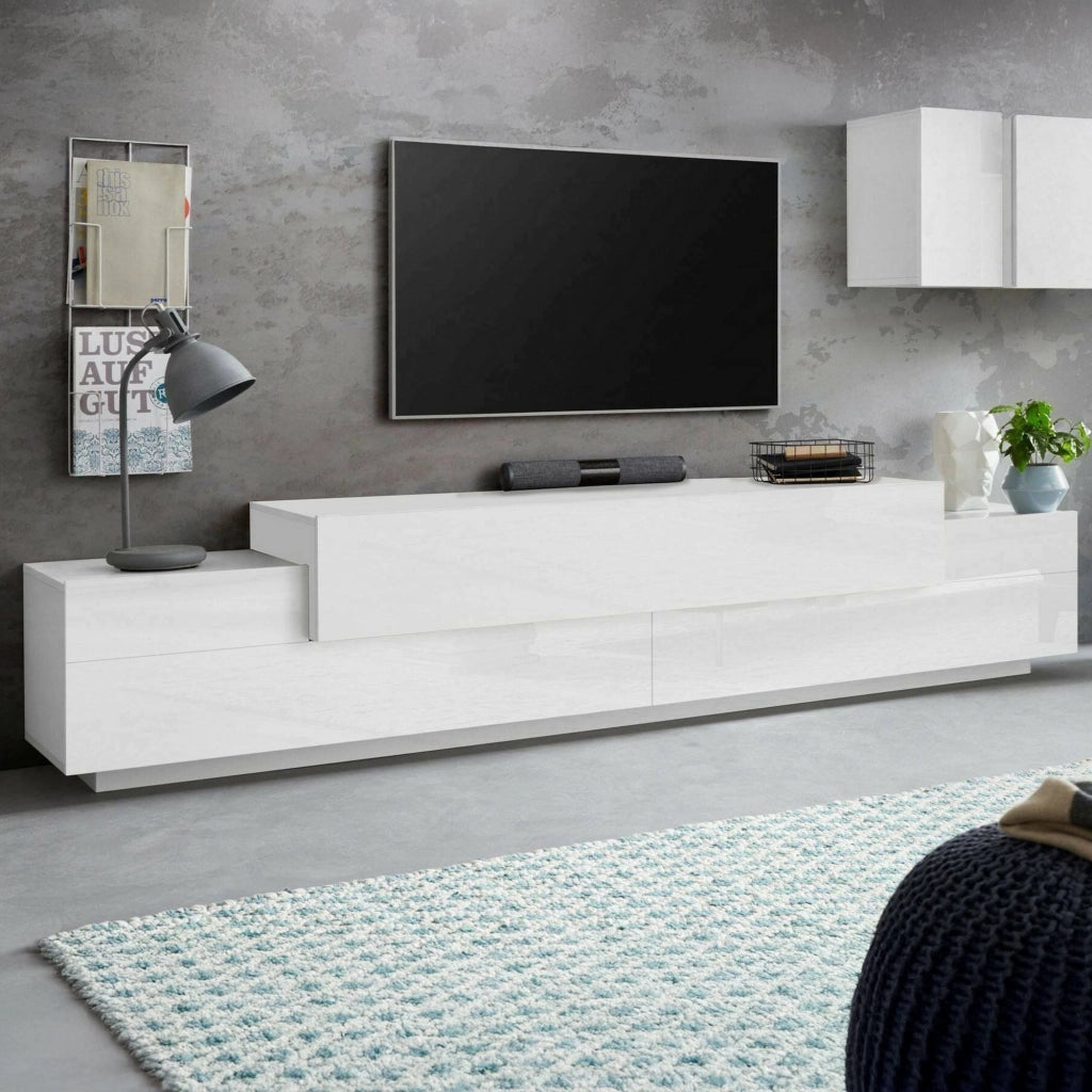 Mobile porta TV Tiche, Credenza bassa da soggiorno, Base porta TV, 100% Made in Italy, cm 240x45h52, Bianco lucido