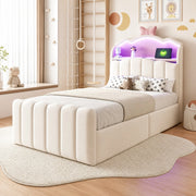 Letto per bambini imbottito 90x200 cm con contenitore idraulico; LED; USB e USB-C; beige