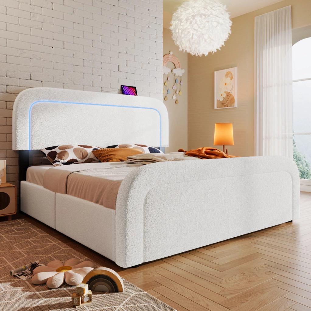 Letto matrimoniale 160x200 cm con 4 cassetti; USB e Type-C; LED e testiera regolabile bianco HOMVRA