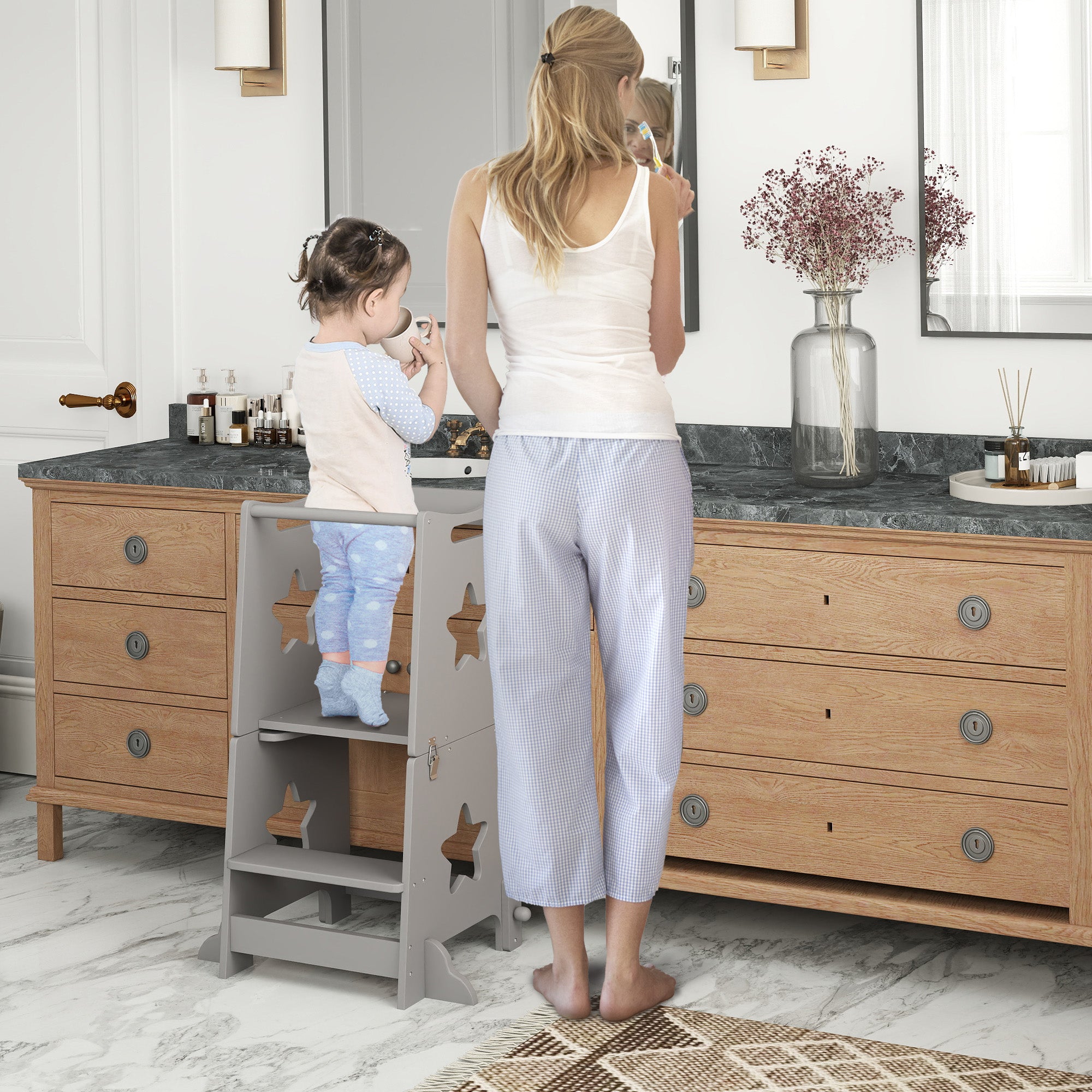 Scala Montessori Convertibile  60x44.5x86 cm in Set Tavolo e Sedie con Barra di Sicurezza in Legno Grigio