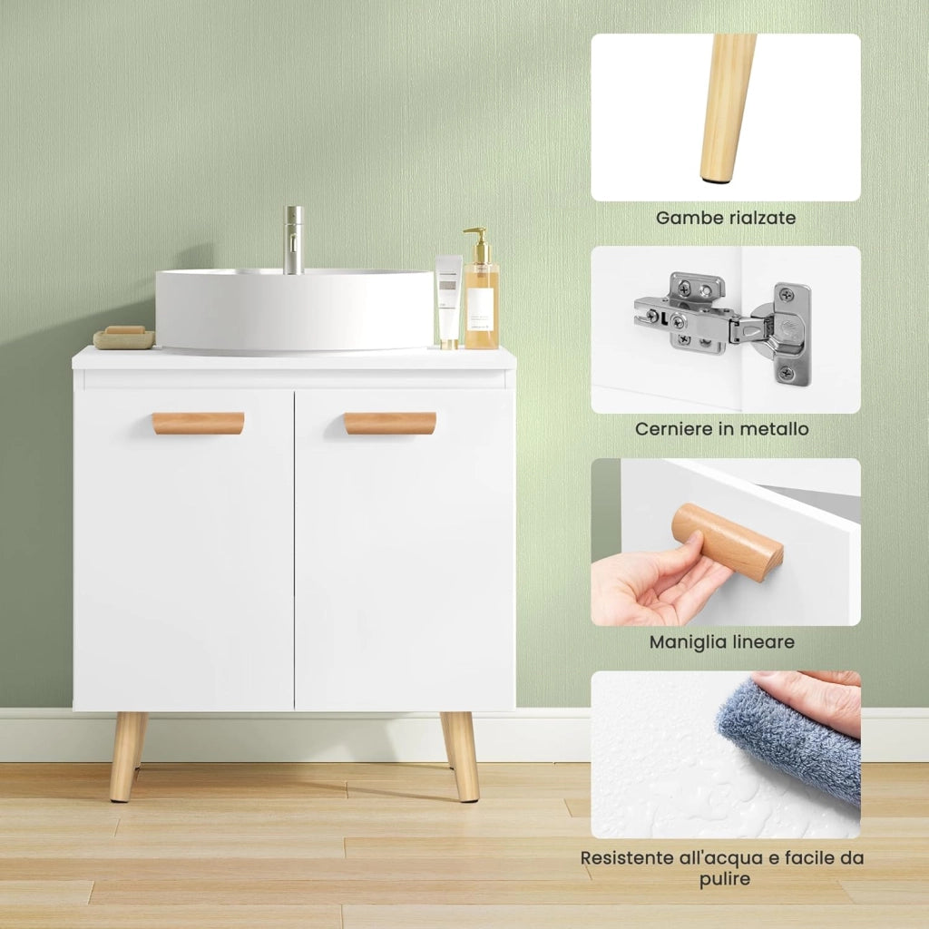 Armadietto Sotto Lavabo in Legno Mobiletto da Bagno Sottolavandino con Piedistrallo Doppia Anta Bianco