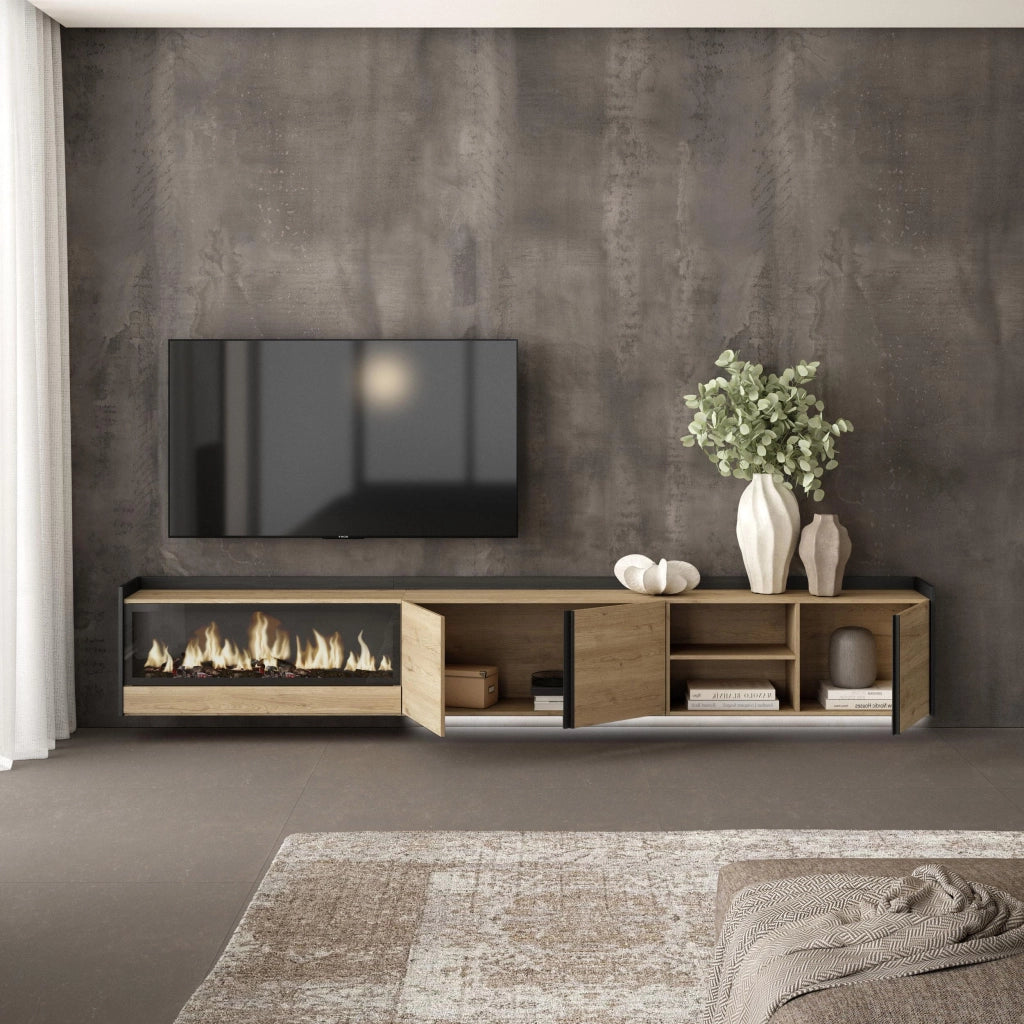 Mobile TV Soggiorno, 315x50x35 cm, Per TV fino a 80", Camino elettrico XXL, Sospeso, da appendere, LED, Rovere e nero
