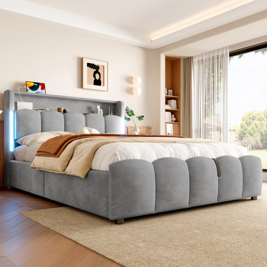 Letti contenitori 140x200 cm; con luci LED e vano contenitore; velluto; grigio (Senza materasso)