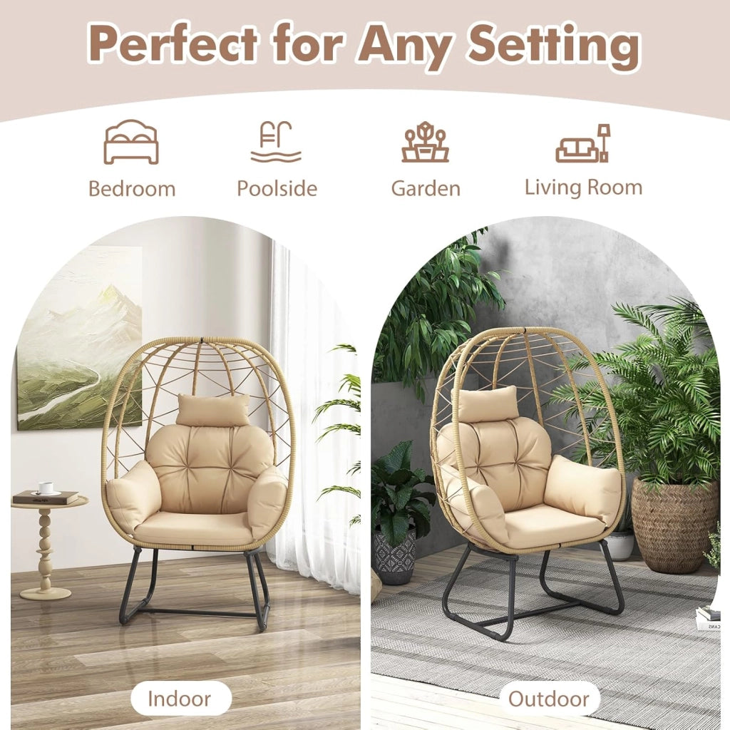 Sedia a Uovo in Vimini PE, Sedia da Giardino con Comodi Cuscini e Telaio Metallico Resistente, Capacità di Carico di 150 kg, Perfetta per Interno ed Esterno, Beige, Grigio (Beige)