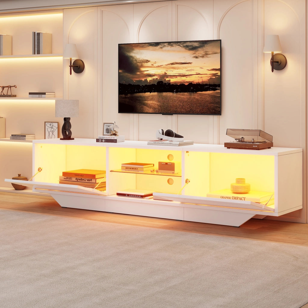 Mobile porta TV con LED e 2 ante 4 vani e ripiano in vetro regolabile per soggiorno bianco 160 × 35 × 44,5 cm