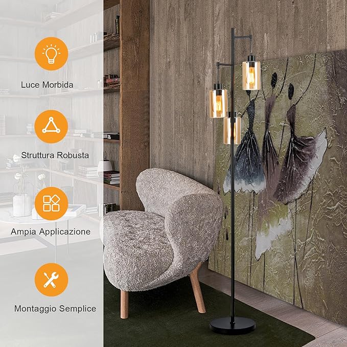 Lampada da Terra, Lampada a Stelo Retrò con Paralume in Vetro Ambrato a 3 Teste Sospese, Interruttore a Pedale, Base in Metallo, Ideale per Soggiorno, Camera da Letto, Corridoio e Studio