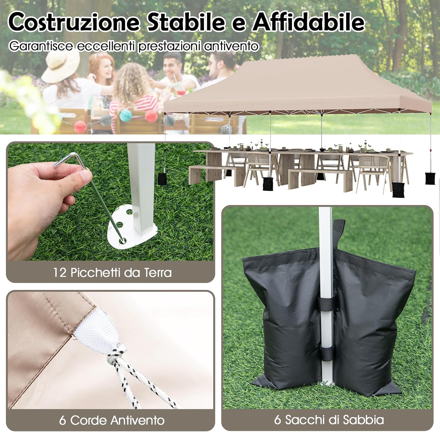 Gazebo Pieghevole da Giardino 3 x 6m, Gazebo Pop-up con Borsa da Trasporto, Regolabile in Altezza, per Feste (Beige)
