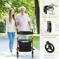 Deambulatore con Seduta 2 in 1, Rollator Pieghevole, Deambulatore per Anziani con 4 Ruote, Maniglie Regolabili Freni, con Doppia Funzione Schienale Reversibile e Borsa Portaoggetti (Rosso)
