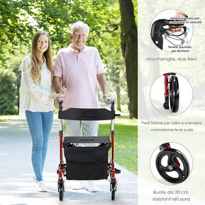 Deambulatore con Seduta 2 in 1, Rollator Pieghevole, Deambulatore per Anziani con 4 Ruote, Maniglie Regolabili Freni, con Doppia Funzione Schienale Reversibile e Borsa Portaoggetti (Rosso)