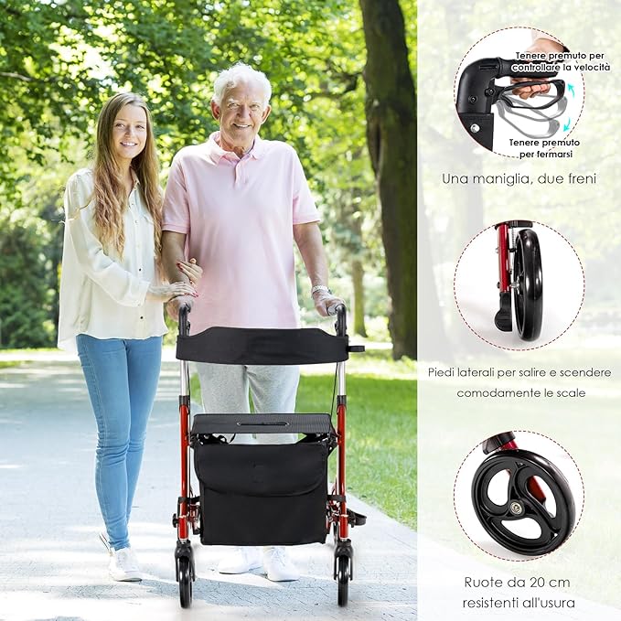 Deambulatore con Seduta 2 in 1, Rollator Pieghevole, Deambulatore per Anziani con 4 Ruote, Maniglie Regolabili Freni, con Doppia Funzione Schienale Reversibile e Borsa Portaoggetti (Rosso)