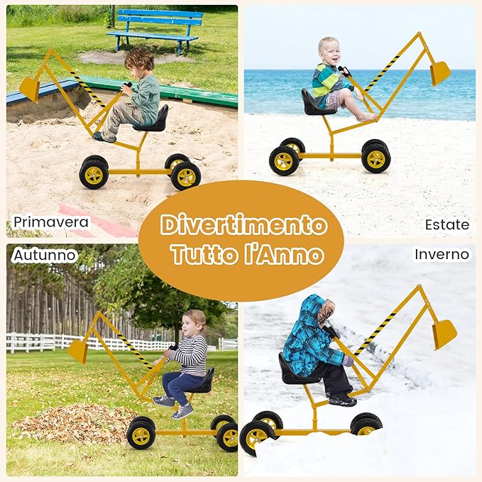 Escavatore per Bambini, Scavatore per Sabbiera con Comandi a 2 Mani e Pala Flessibile, Sedile Rotante a 360°, 4 Ruote, Ideale per Bambini 3 Anni+ (con Ruote Giallo)
