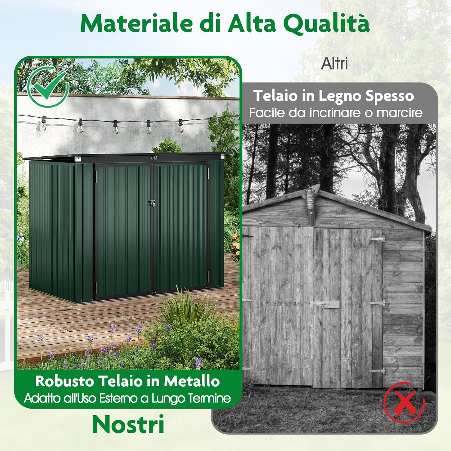 Casetta per Spazzatura Esterna, Capanno da Giardino Bloccabile con Doppie Aperture, 2 Porte e Struttura in Metallo Zincato, Ripostiglio per Patio e Cortile (Verde)