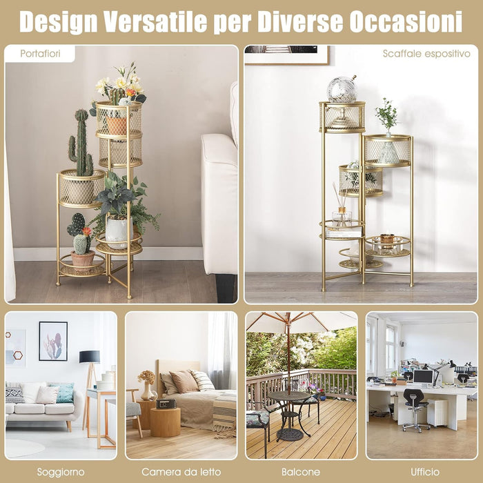 Porta Piante da Interno Pieghevole, Scaffale per Piante e Fiori in Metallo a 6 Livelli,Porta Vasi Salvaspazio da Balcone e Salotto, 41 x 39 x 82 cm (Oro)