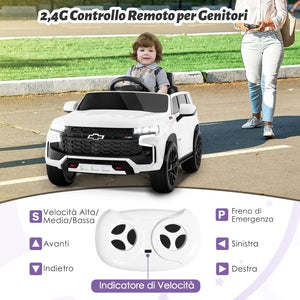12V Macchina Elettrica per Bambini Chevrolet, SUV Elettrica con Telecomando Luci Luminose e Musica, 3-3,5 km/h, Ideale per Bambini di 3-6 Anni (Bianco)