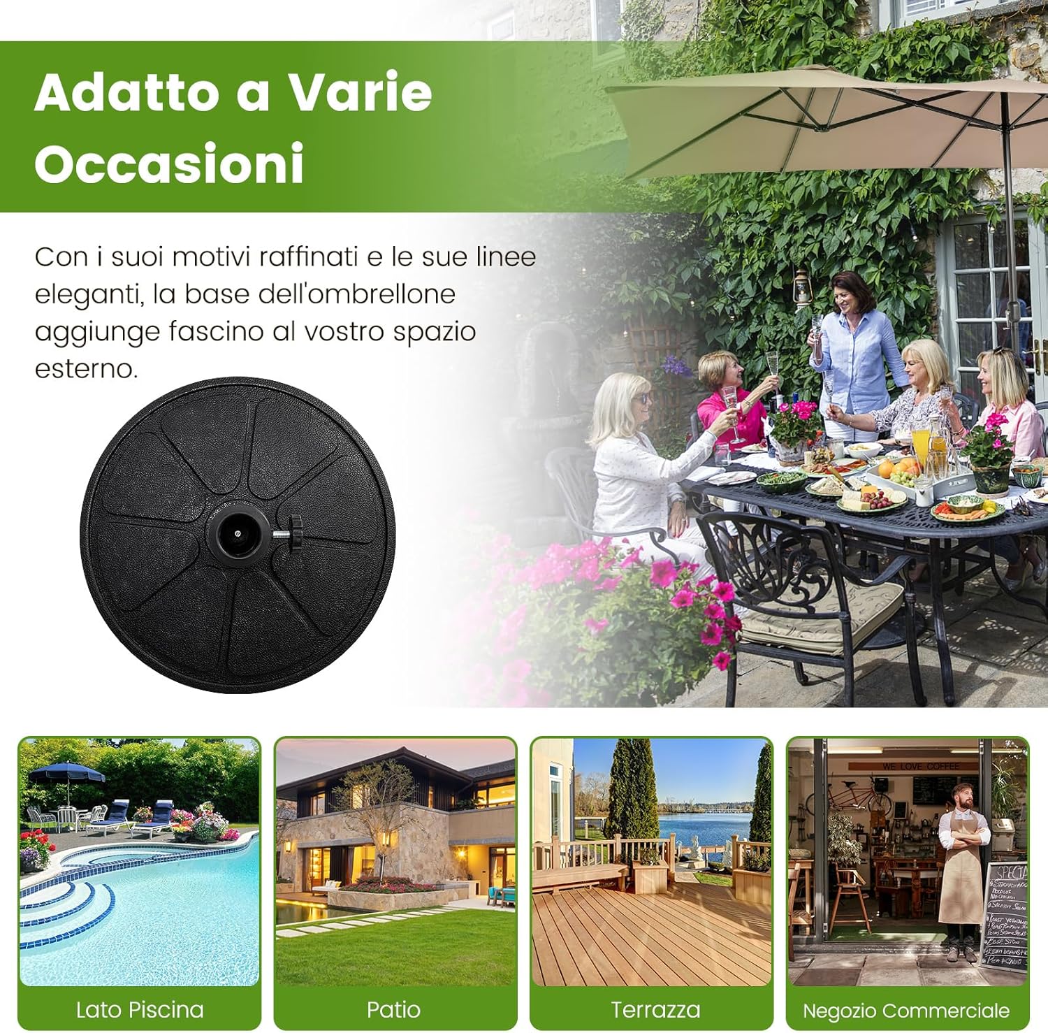 Base Ombrellone da Esterno 14 kg, Supporto Rotondo per Ombrellone 45 CM con Diametro Palo 38/48 MM, Base per Ombrellone Robusta da Giardino Terrazzo Esterno